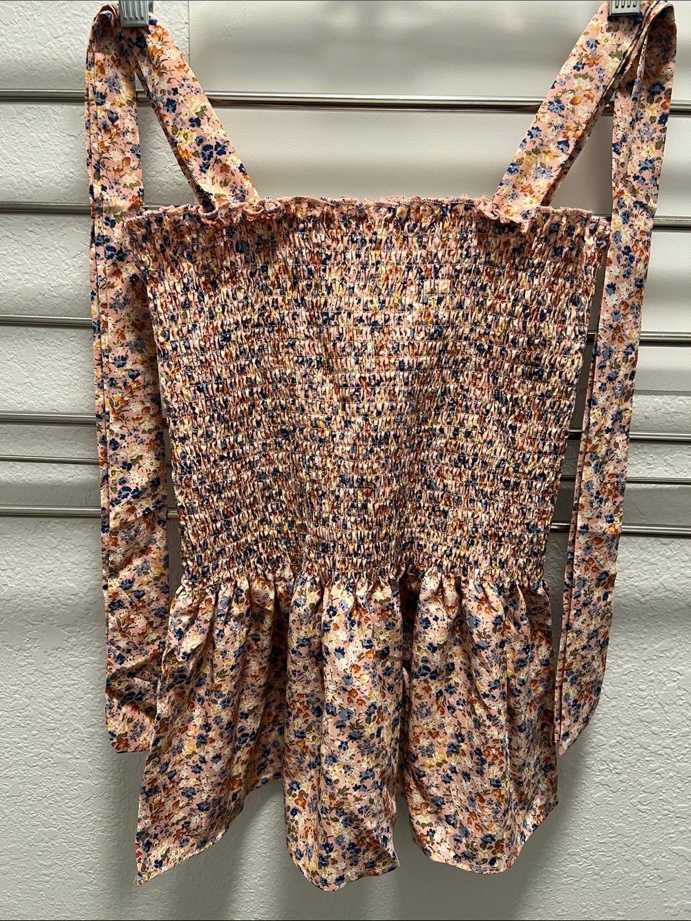 Smocked Floral Tie-Strap Women’s Top in Peach